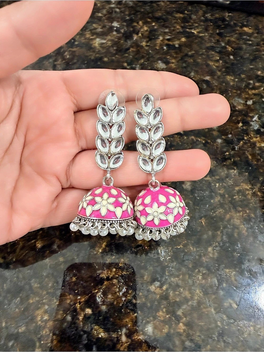 Floral Pink & Silver Jhumka Earrings New